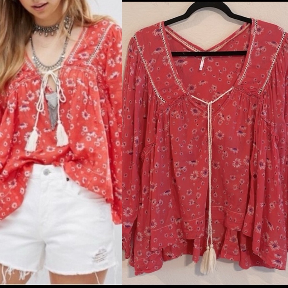 Free People Coral Floral Peasant Tunic